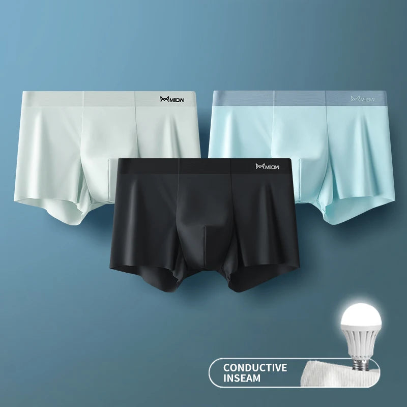 MIIOW 3Pcs Ice Silk Man Underwear Boxer Metal Fiber Antistatic Men Underpants Seamless Cut Hem Men's Panties Boxers Shorts Trunk - Tasawoq