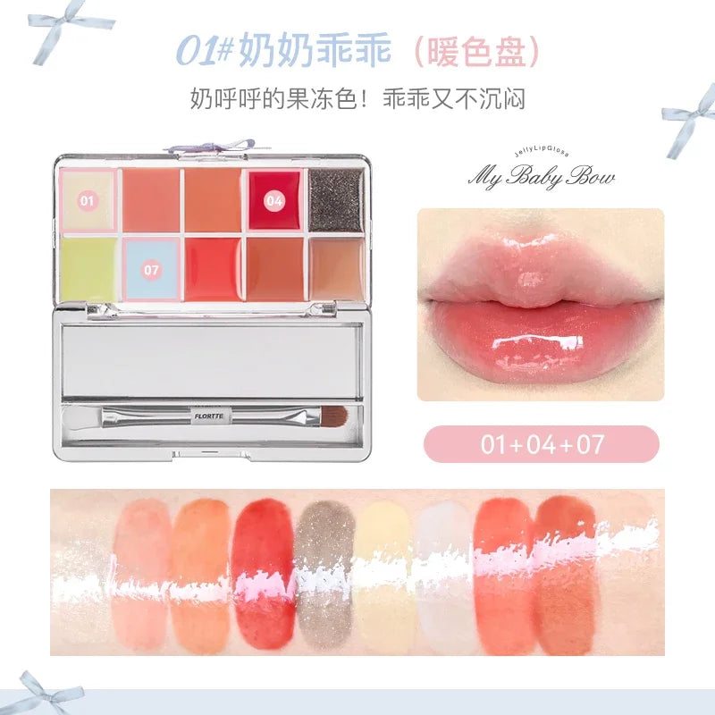 FLORTTE & My Baby Bow 10-color jell ylip gloss palette lipstick lip glaze - Tasawoq