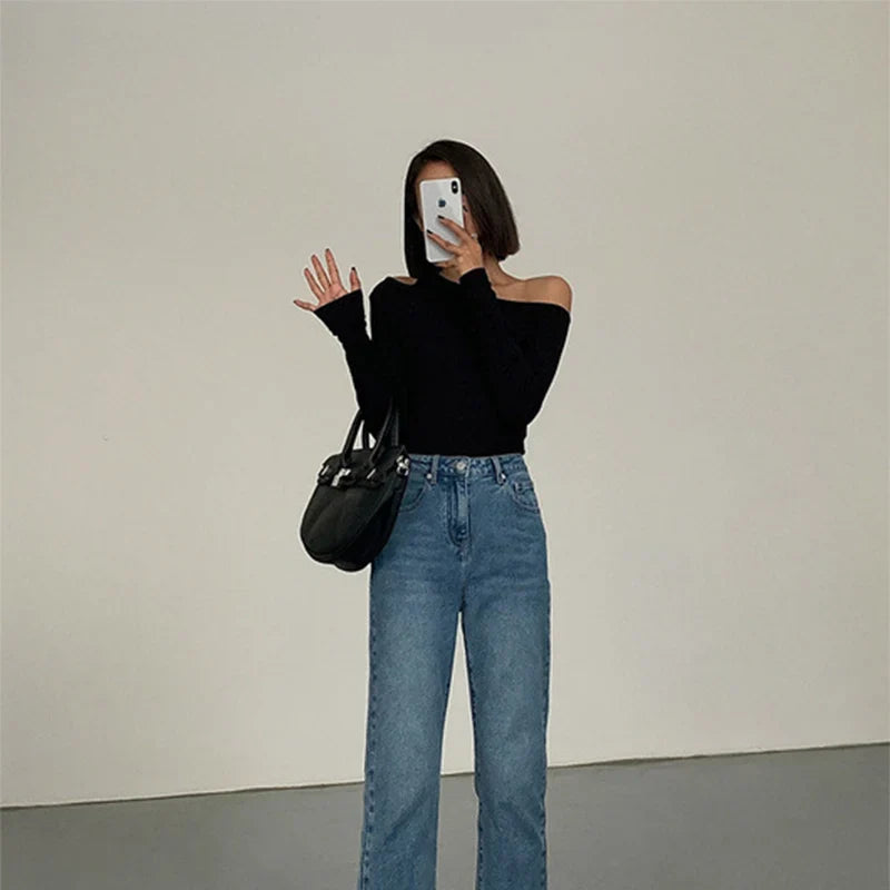 Fashion Skew Collar Off-shoulder Long-sleeved T-shirts Women Spring New Solid Slim Fit Crop Top Sexy Hollow Out Tees Shirts - Tasawoq