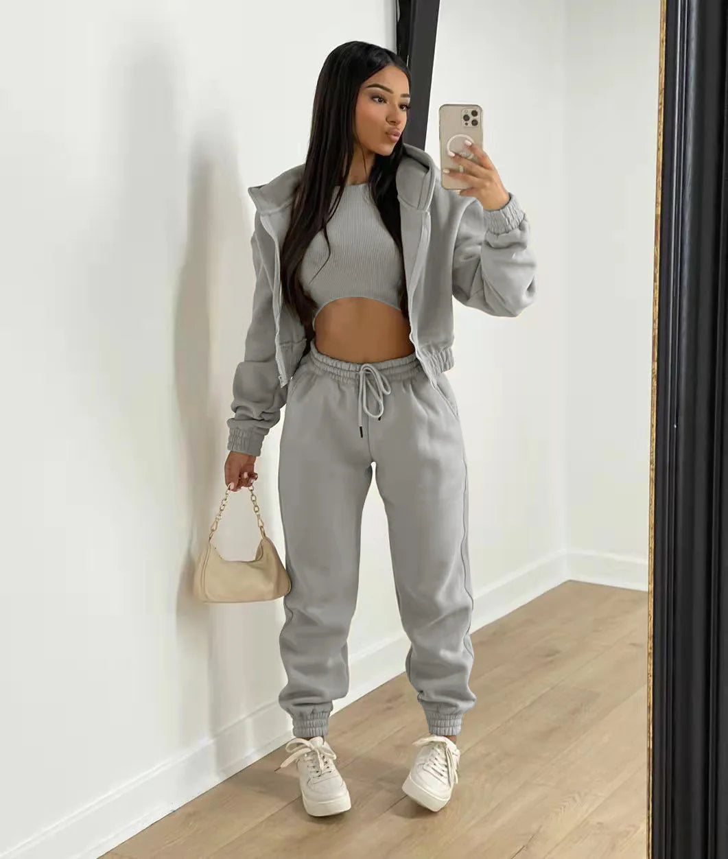 3pcs Women's Clothing Set Fleece-lined Hooded Sweater &Sleeveless Tank Top & Sports Sweatpants Pants - Tasawoq