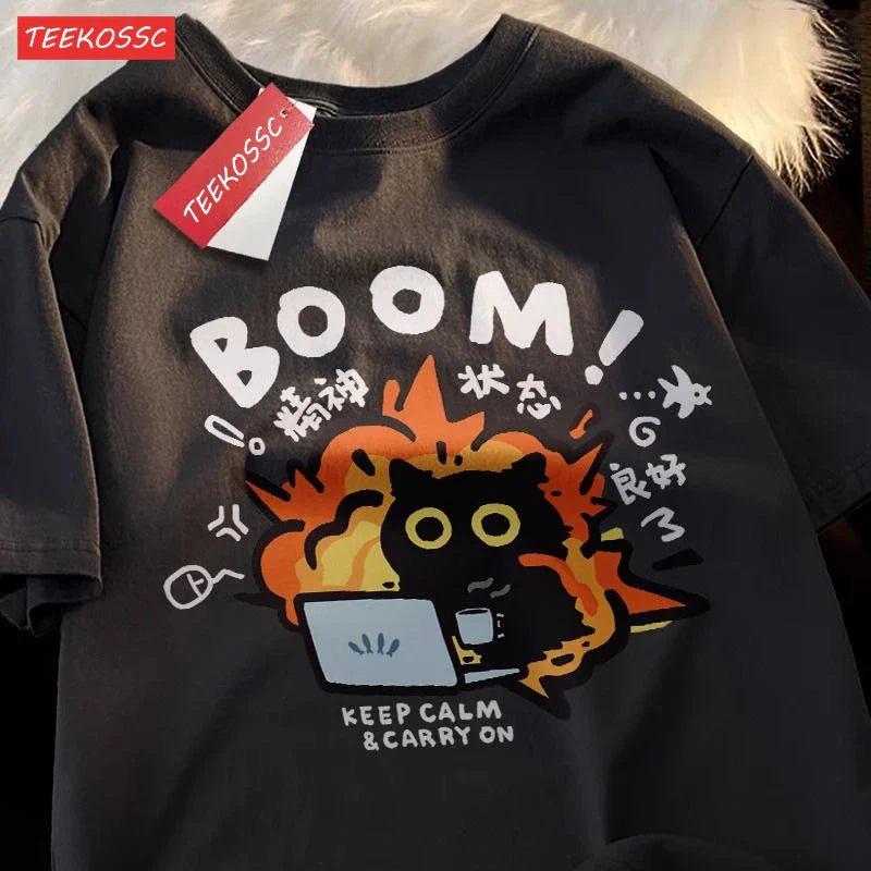 Good Mental State Pure Cotton Short Sleeved t-shirt For Men Women 2024 Summer New Tee Clothes Loose Casual Cartoon Oversized Top - Tasawoq