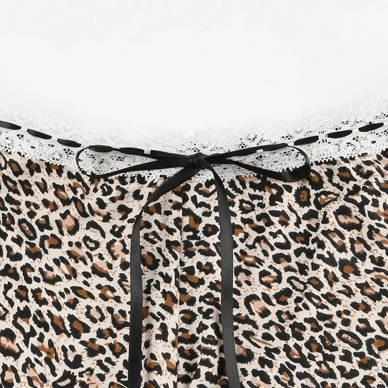 CIBBAR Hot Sexy Leopard Print Shorts Streetwear y2k Lace Patchwork Bow Low Rise Skinny Short Pants Women Vintage 2000s Clothing - Tasawoq