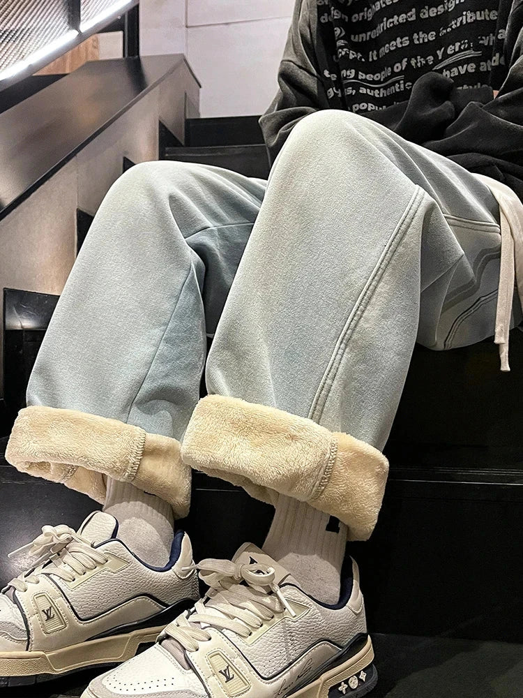 Winter Men's Jeans Korean Fashion Fleece Liner Thick Warm Straight Denim Pants Washed Cotton Retro Blue Wide Leg Jean Trousers - Tasawoq
