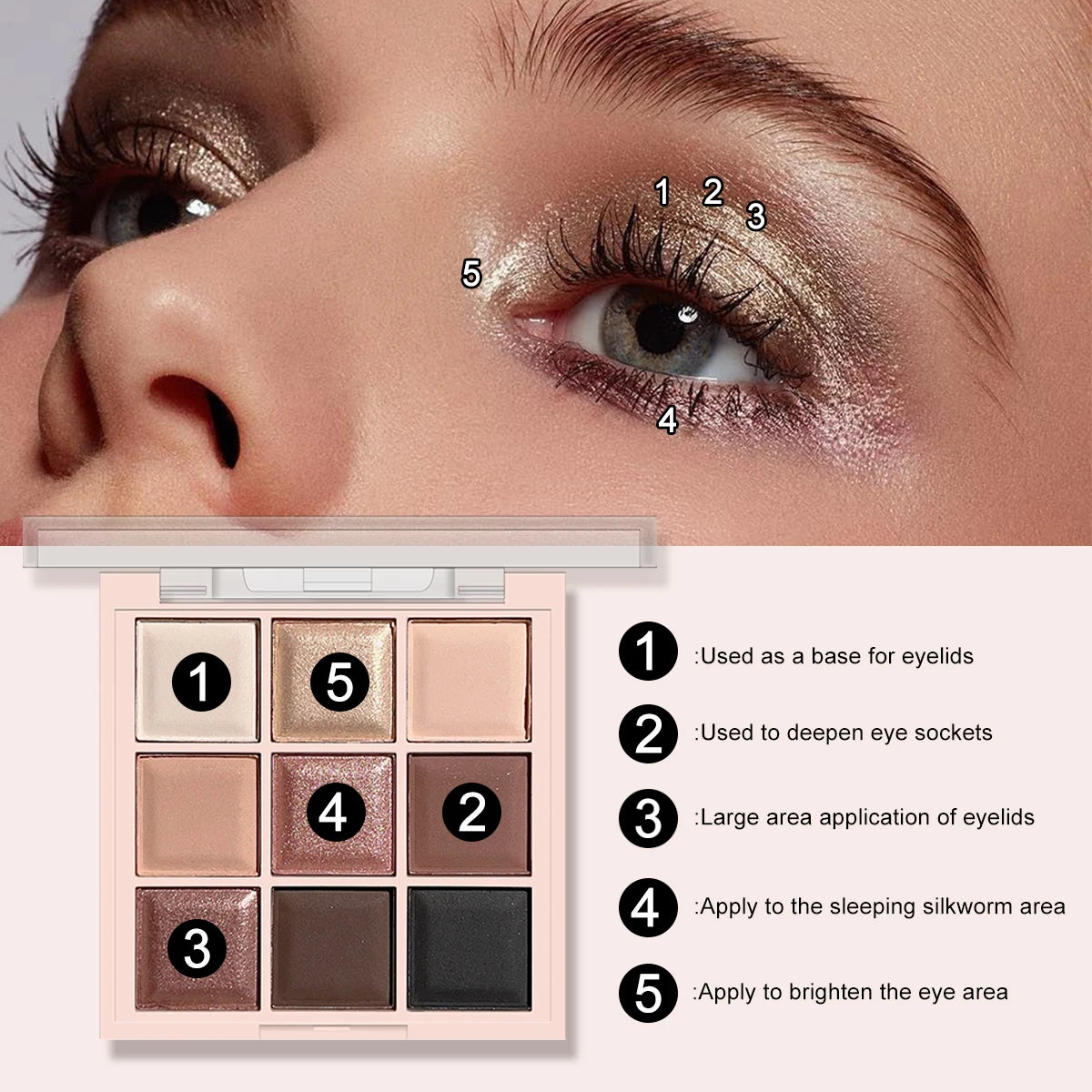 9-Color Eyeshadow Palette with Fine Glitter, Shimmer, Matte, Milk Tea Shades; Mini, Daily Use, Student-Friendly Makeup - Tasawoq
