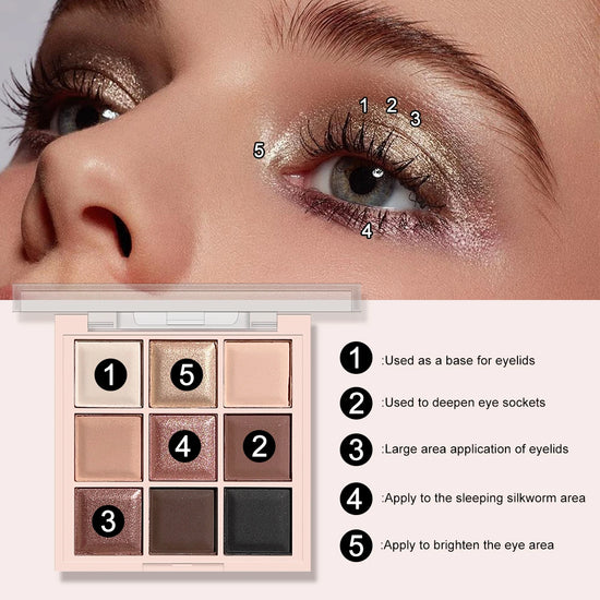 9-Color Eyeshadow Palette with Fine Glitter, Shimmer, Matte, Milk Tea Shades; Mini, Daily Use, Student-Friendly Makeup - Tasawoq
