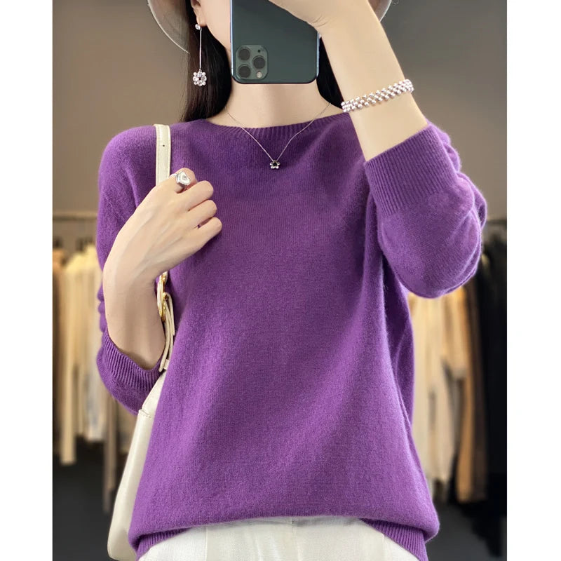 Women's 100% Beautiful Wool Round Neck Top Fashion Versatile Knitted Loose Long Sleeve Pullover Thin Sweater Yuan Ling - Tasawoq