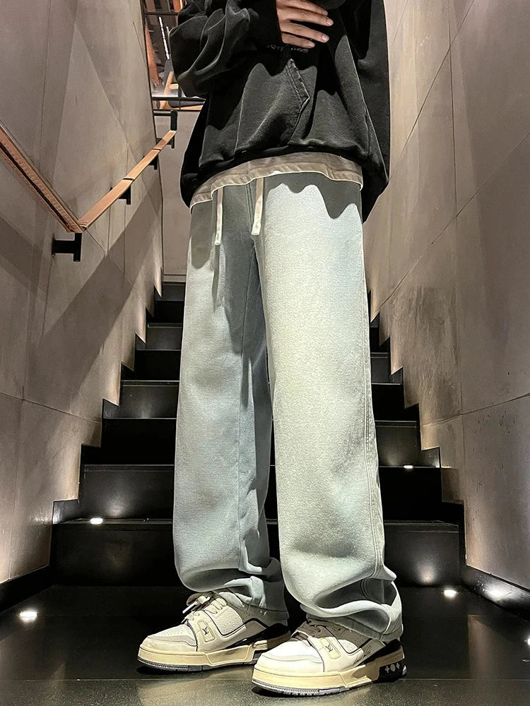 Winter Men's Jeans Korean Fashion Fleece Liner Thick Warm Straight Denim Pants Washed Cotton Retro Blue Wide Leg Jean Trousers - Tasawoq