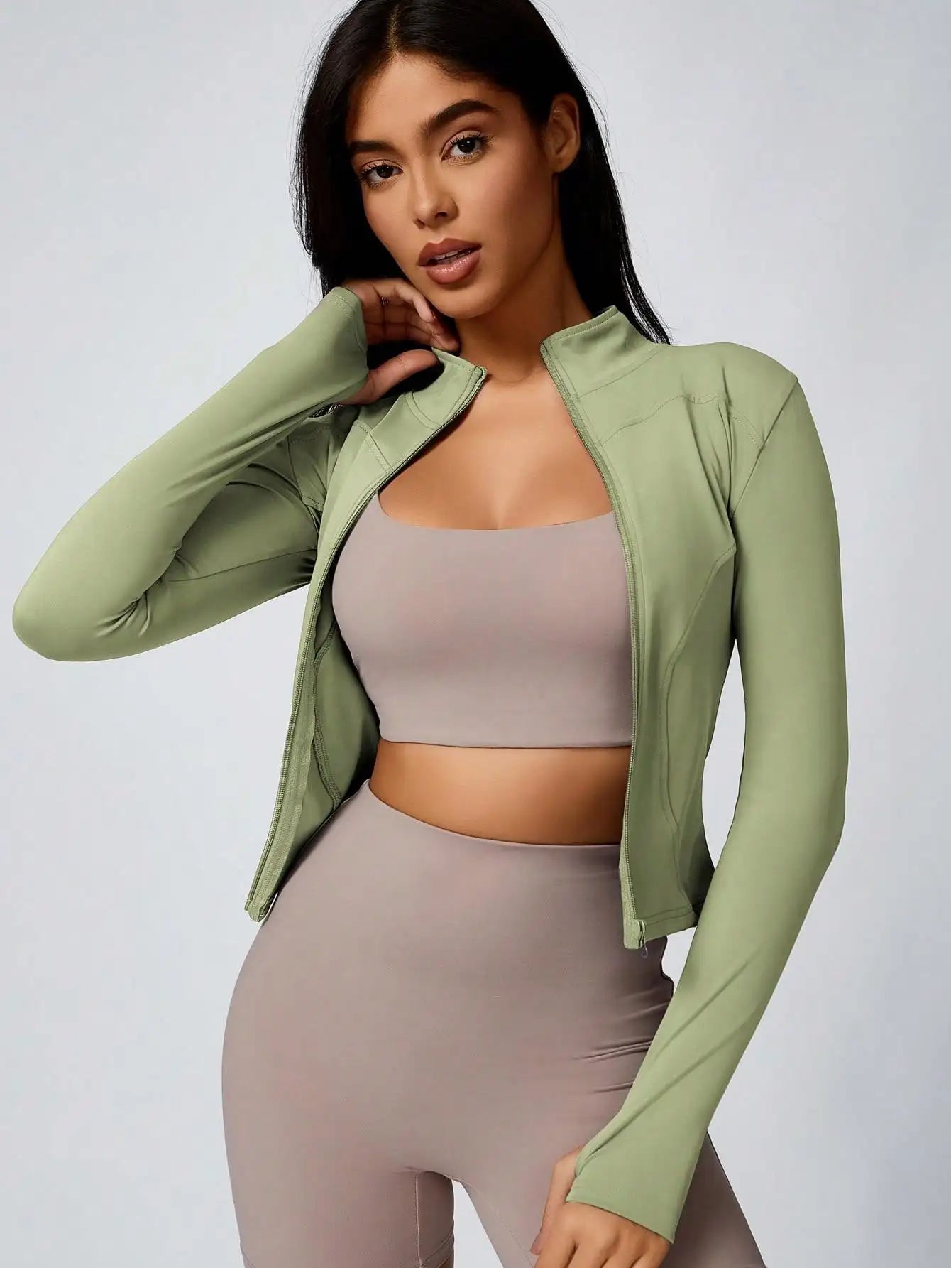 Women's Solid Color Zipper Turtleneck Sports Jacket, Long-Sleeved Sports Top, Gym Wear, Ladies' Sportswear for Indoor and Outdoo - Tasawoq