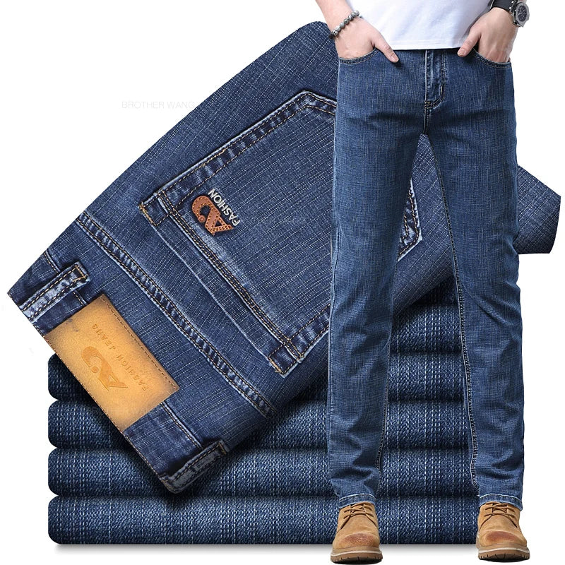 Spring Men's Light Blue Slim Jeans Stylish Casual Stretch Fabric Denim Pants Classic Trousers Smoke Gray - Tasawoq