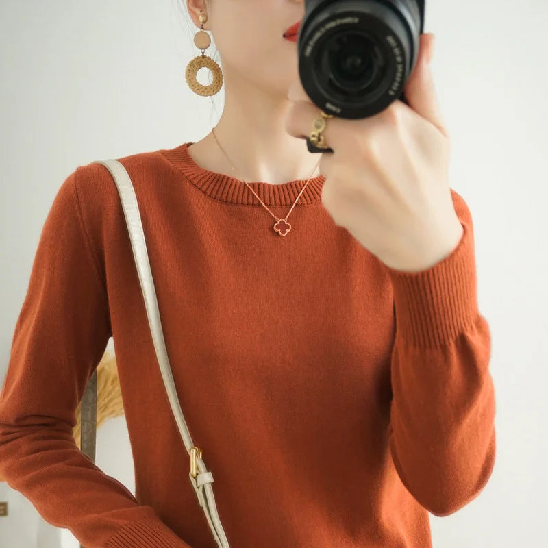 Women's 100% High-quality Cotton Knitted Sweater, Temperament Round Neck Top, Breathable And Versatile Pullover, Long Sleeved - Tasawoq