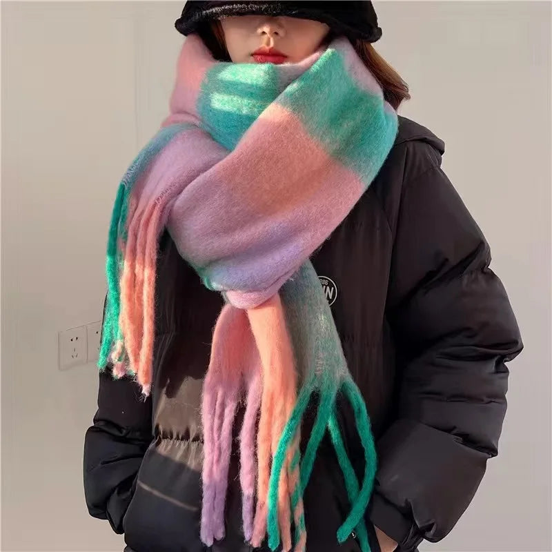 2025 Winter Thick Warm Scarf Women Cashmere Shawl and Wraps Pashmina Neckerchief Bufanda Female Rainbow Hairy Tessel Echarpe New - Tasawoq