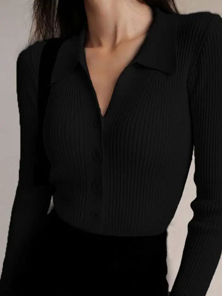 AOSSVIAO 2025 Ladies Buttons Sexy V Neck Long Sleeve POLO Neck Knit Cardigan Sweater Women Lapel Slim Tops - Tasawoq