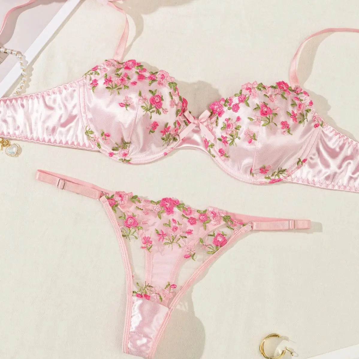 Summer Young Girls Floral Lingerie Hot Transparent Cheap Pink Lingerie set Sexy Two Piece Bras Panty Brief Sets - Tasawoq