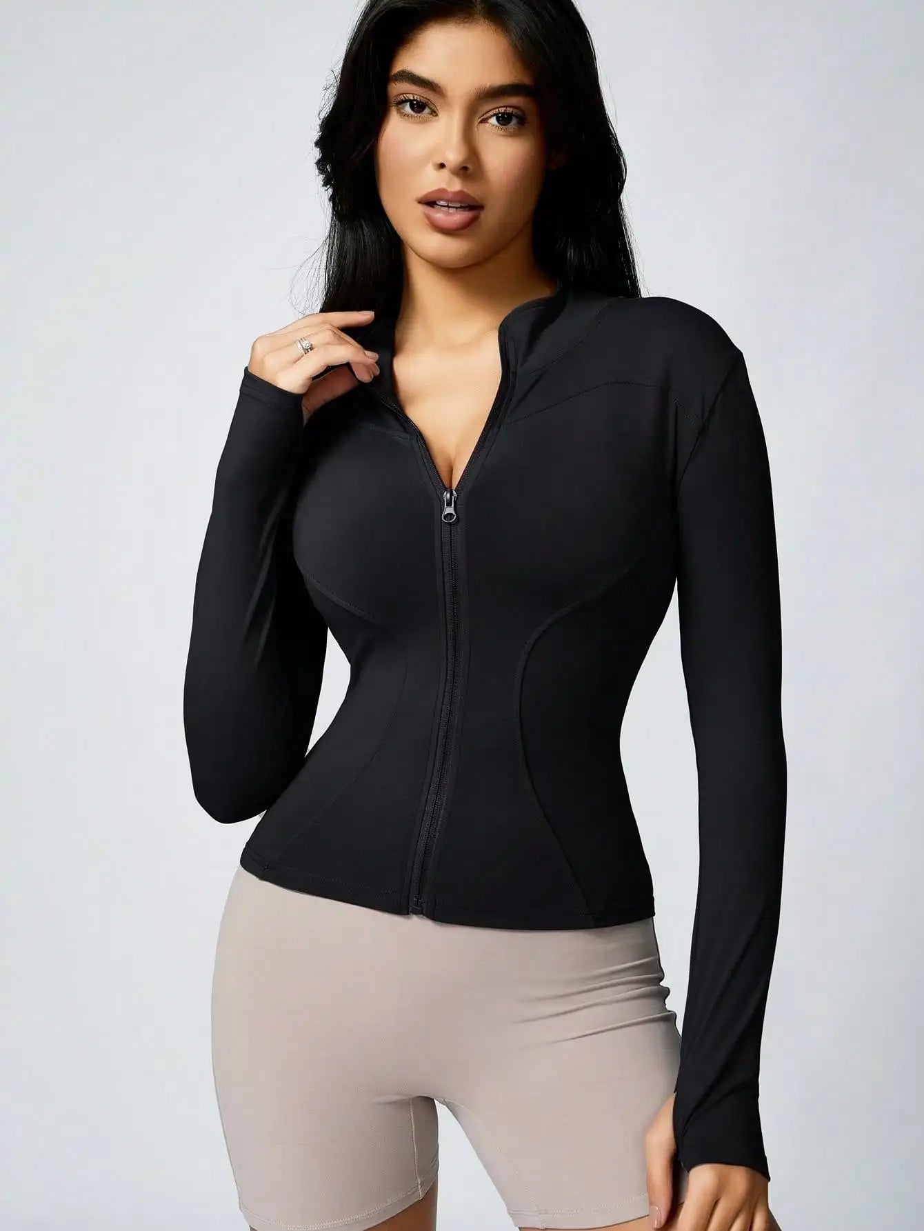 Women's Solid Color Zipper Turtleneck Sports Jacket, Long-Sleeved Sports Top, Gym Wear, Ladies' Sportswear for Indoor and Outdoo - Tasawoq
