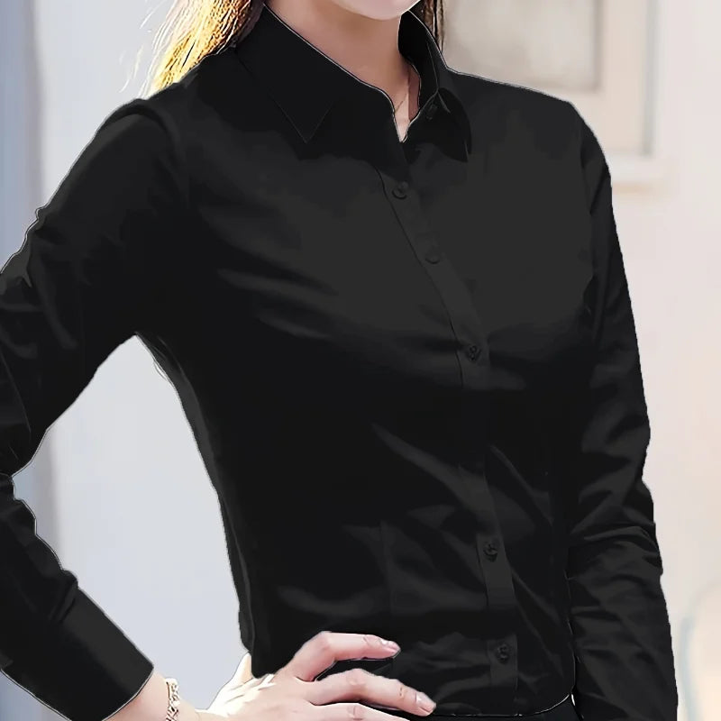 Elegant All-Season Solid Shirt Slim Button Tops Fashion White Shirt Turn-down Collar Women's Long Sleeve Blouse - Tasawoq