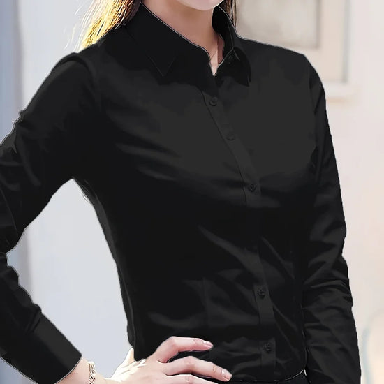Elegant All-Season Solid Shirt Slim Button Tops Fashion White Shirt Turn-down Collar Women's Long Sleeve Blouse - Tasawoq