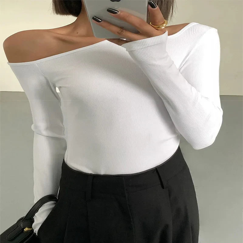 Fashion Skew Collar Off-shoulder Long-sleeved T-shirts Women Spring New Solid Slim Fit Crop Top Sexy Hollow Out Tees Shirts - Tasawoq