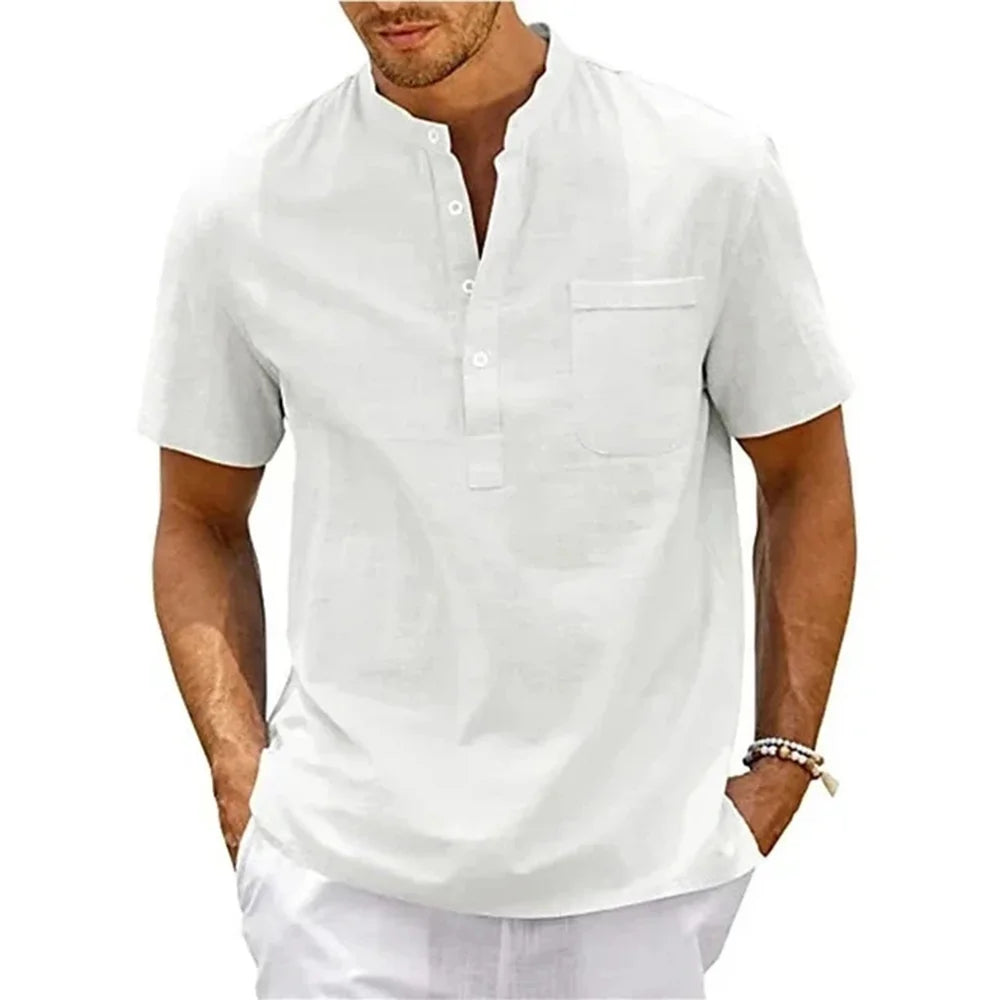 Cotton Linen Shirt Men Henley Neck Pocket Casual Beach Short Sleeve Solid Color Male Tops T-shirts Vintage Streetwear - Tasawoq