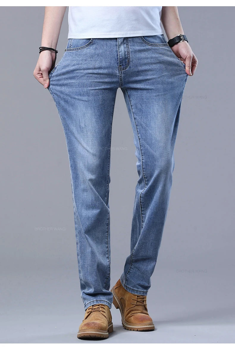 Spring Men's Light Blue Slim Jeans Stylish Casual Stretch Fabric Denim Pants Classic Trousers Smoke Gray - Tasawoq