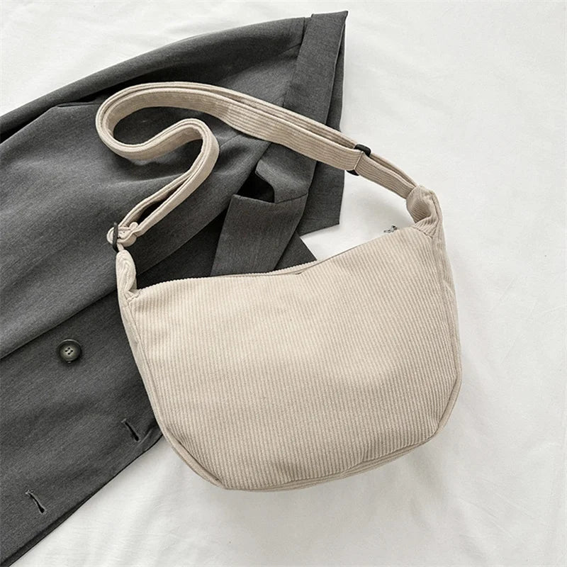 Corduroy Shoulder Bag Minimalist Crossbody Bag Women's Handbags Fashion Fabric Underarm Bag Solid Color Zipper Female Handbag - Tasawoq