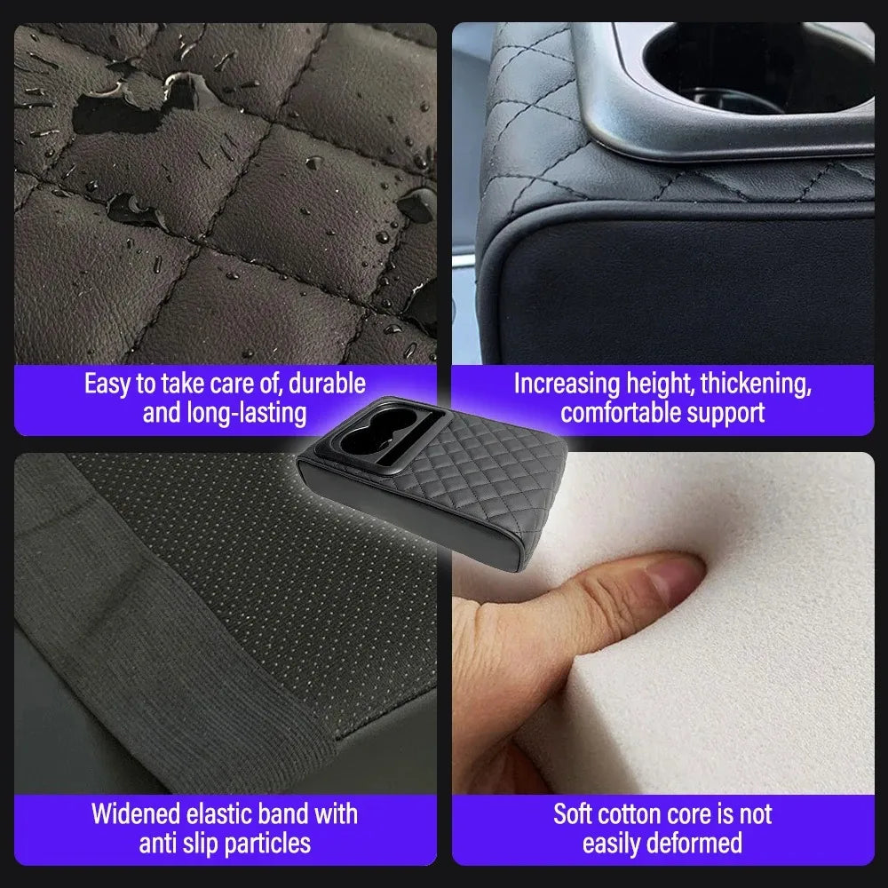 Car Armrest Box Cushion, Auto Center Console Armrest Cushion With 2 Cup Holder PU Leather Armrest Pad Portable Car Amrest Pillow