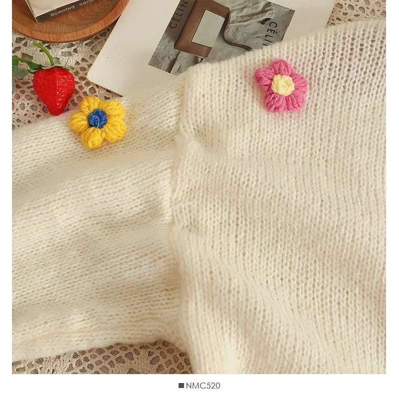 PTKPCC New Autumn Colourful Applique Flower Cardigan for Women Cute Long V-neck Knit Crop Sweater Girl Soft Knitwear - Tasawoq