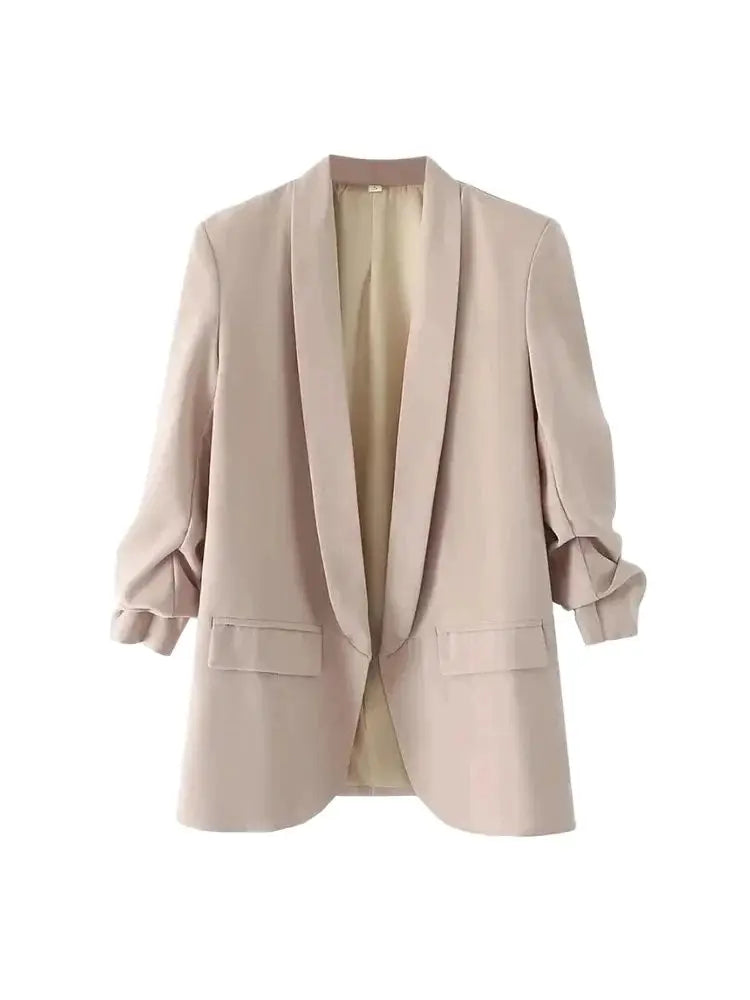 TRZA Women Fashion Office Wear Open Blazer Coat Vintage Long Pleated Sleeves Flap Pockets Female Outerwear Chic Tops - Tasawoq