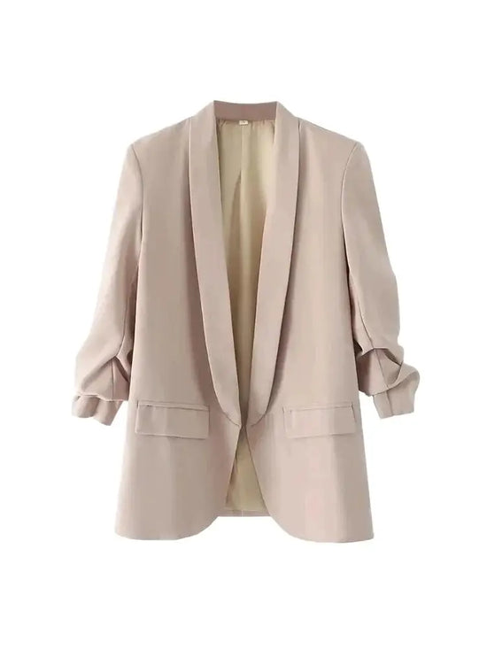TRZA Women Fashion Office Wear Open Blazer Coat Vintage Long Pleated Sleeves Flap Pockets Female Outerwear Chic Tops - Tasawoq