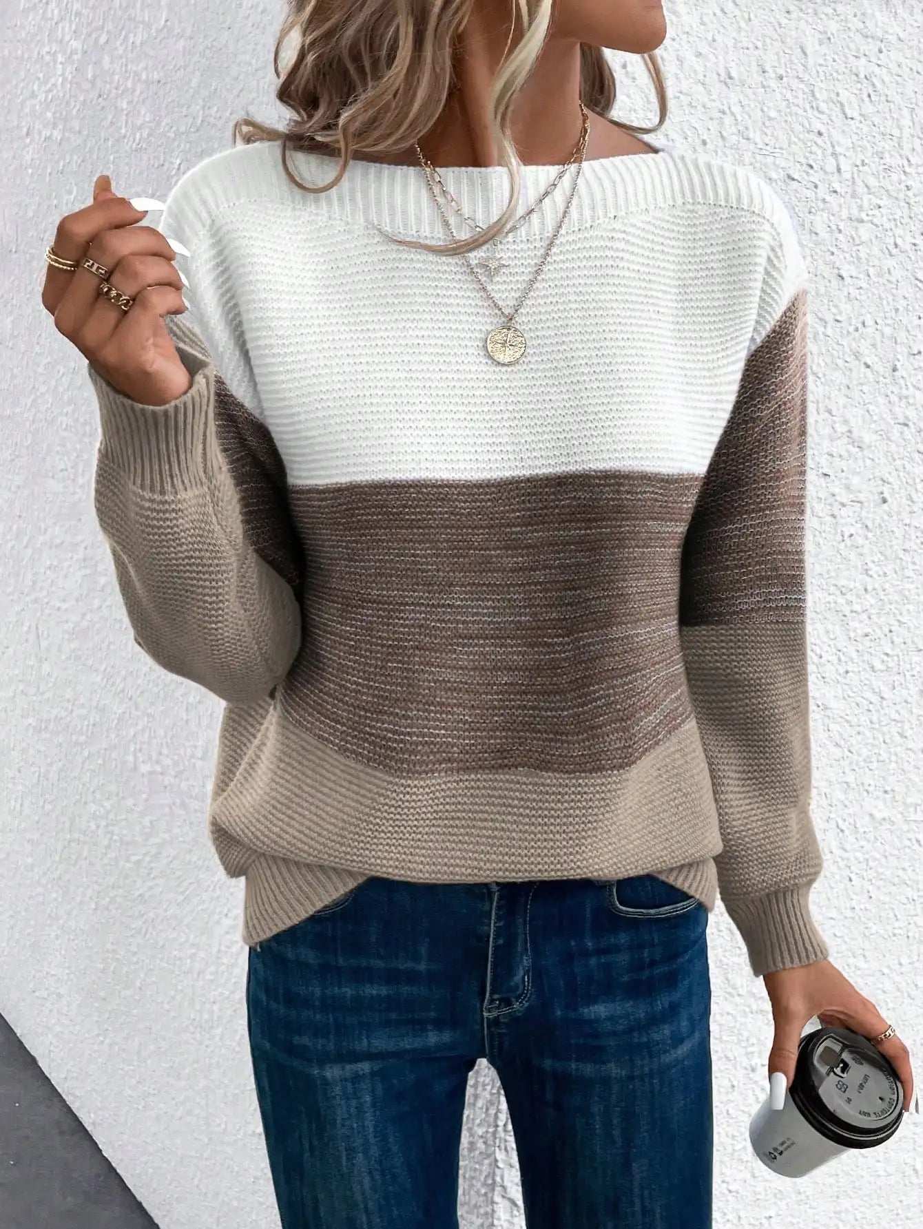 Elegant Three-color Patchwork Sweater Women Daily Commuter Casual Loose Jumpers Female Autumn Winter Knitted Thickened Warm Tops - Tasawoq