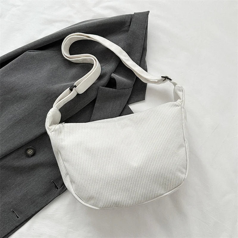Corduroy Shoulder Bag Minimalist Crossbody Bag Women's Handbags Fashion Fabric Underarm Bag Solid Color Zipper Female Handbag - Tasawoq