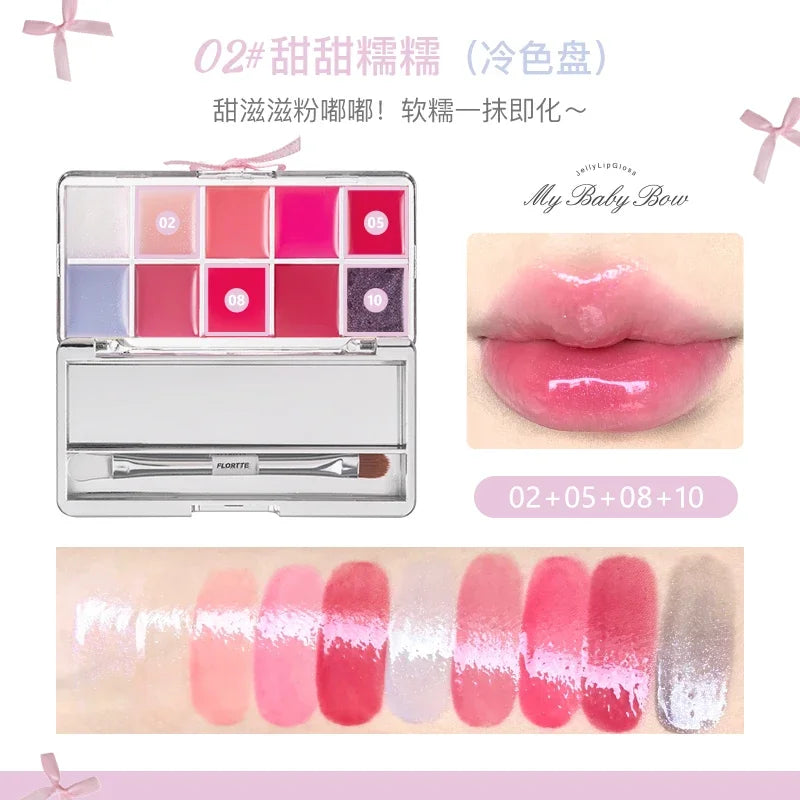 FLORTTE & My Baby Bow 10-color jell ylip gloss palette lipstick lip glaze - Tasawoq