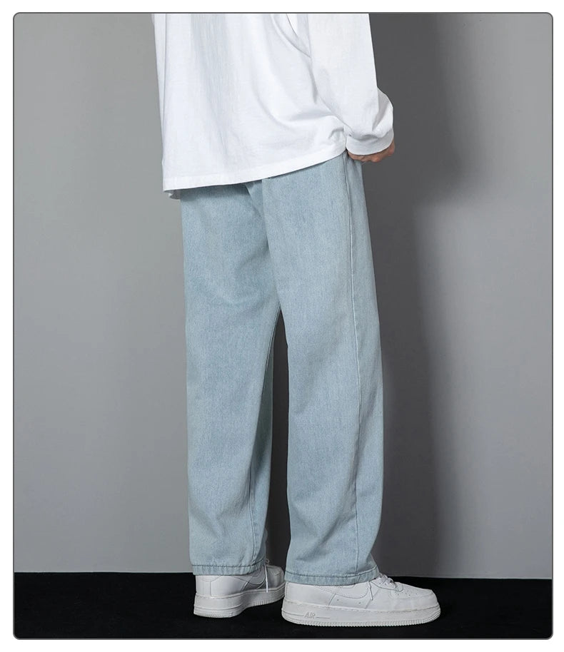 2025 New Korean Men's Casual Long Jeans Classic Man Straight Denim Wide-leg Pants Solid Color Light Blue Grey Black - Tasawoq