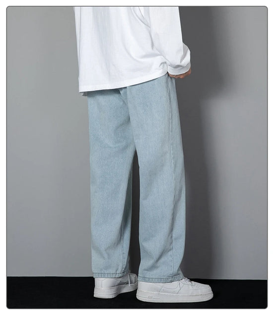 2025 New Korean Men's Casual Long Jeans Classic Man Straight Denim Wide-leg Pants Solid Color Light Blue Grey Black - Tasawoq