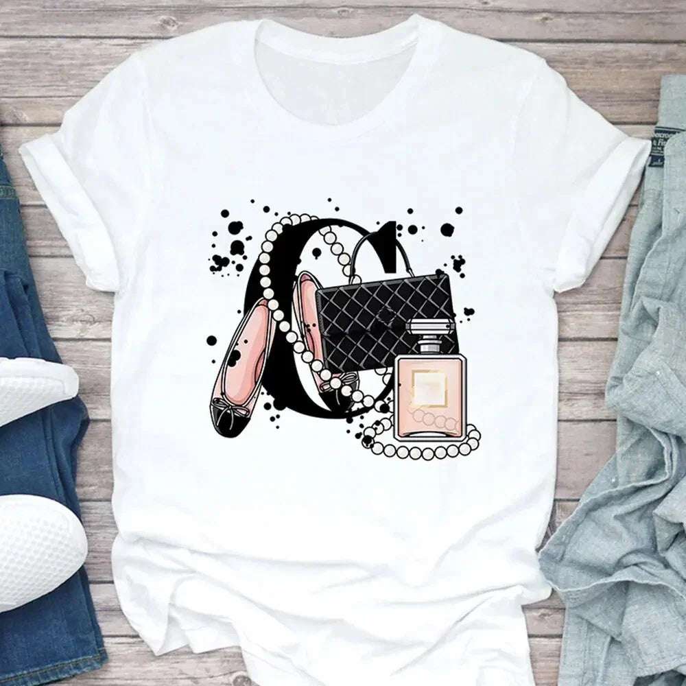 Women's T Shirt Summer Fashion Girl Bag Printed Ladies T-shirt Casual Short Sleeve Female Clothing Top Tee White T-shirt - Tasawoq