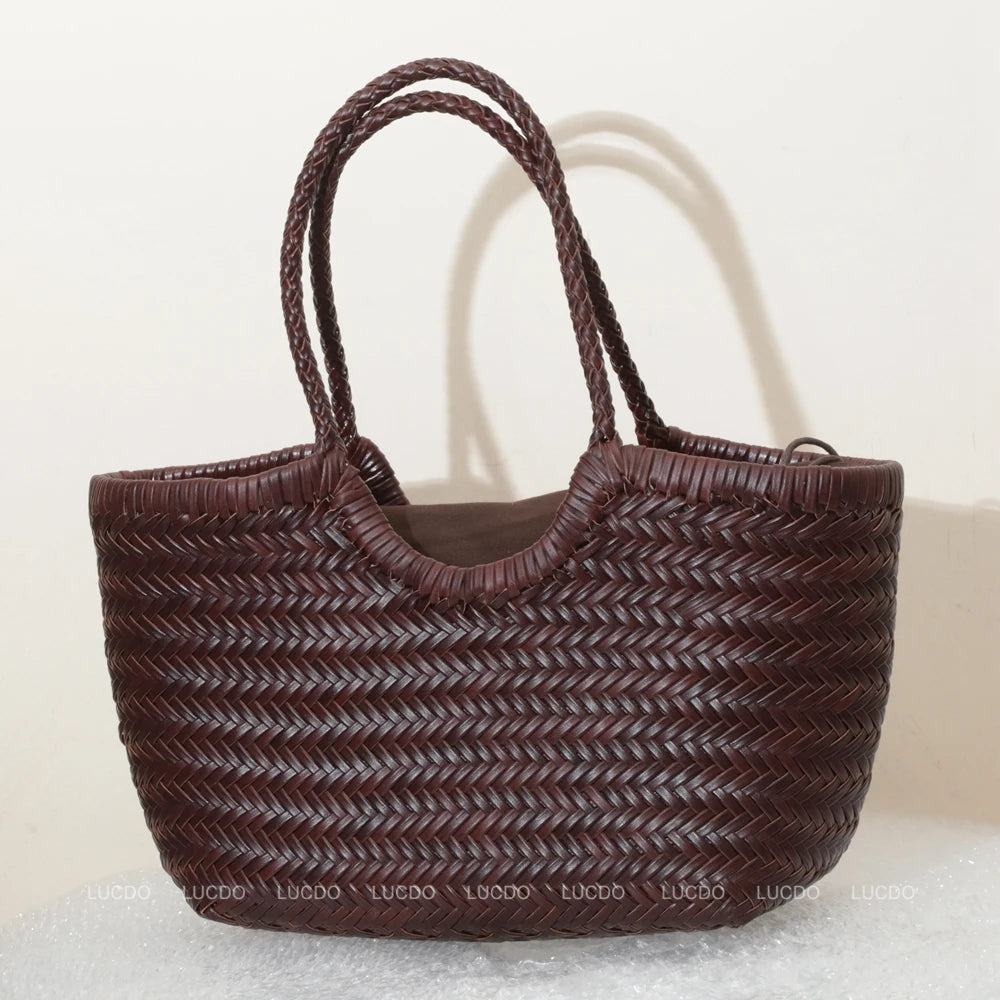 Handbags Women's Genuine Leather Shoulder Bag Weaving Casual Shopping Bag Vintage Big Tote Purse Cowhide Cross Hand Bags Lady - Tasawoq
