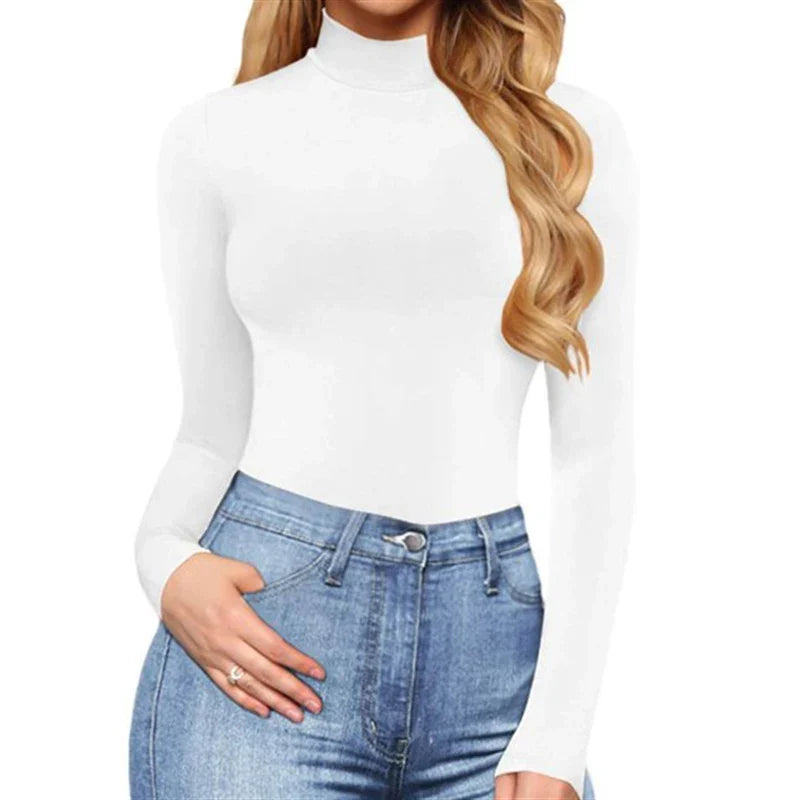 European and American casual women's standing neck solid color bottom top autumn sexy slim fitting long sleeved jumpsuit - Tasawoq