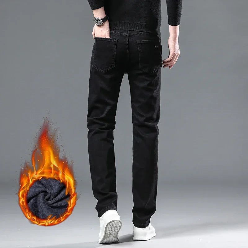 WTHINLEE Winter Men Black Straight Stretch Denim Thick Velvet Pants Warm Jeans Casual Fleece Line Trousers Male Plus Size - Tasawoq