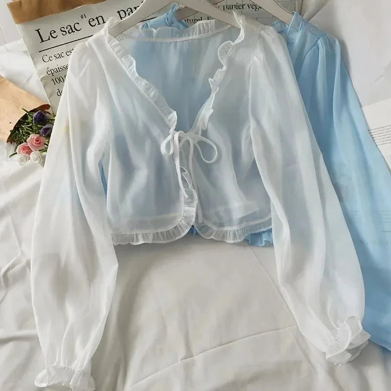 Women Thin Casual Lace Bow Summer Sun Protection Clothes Female Cardigan Shirt Clothing Tops Blouse For Woman - Tasawoq