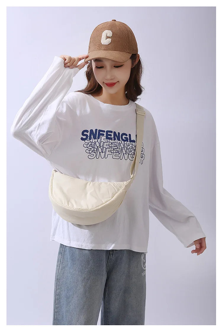 Solid Color Women's Portable Shoulder Bag Simple Female Nylon Cloth Padded Crossbody Bags Travel Purse Handbags Messenger Bag - Tasawoq