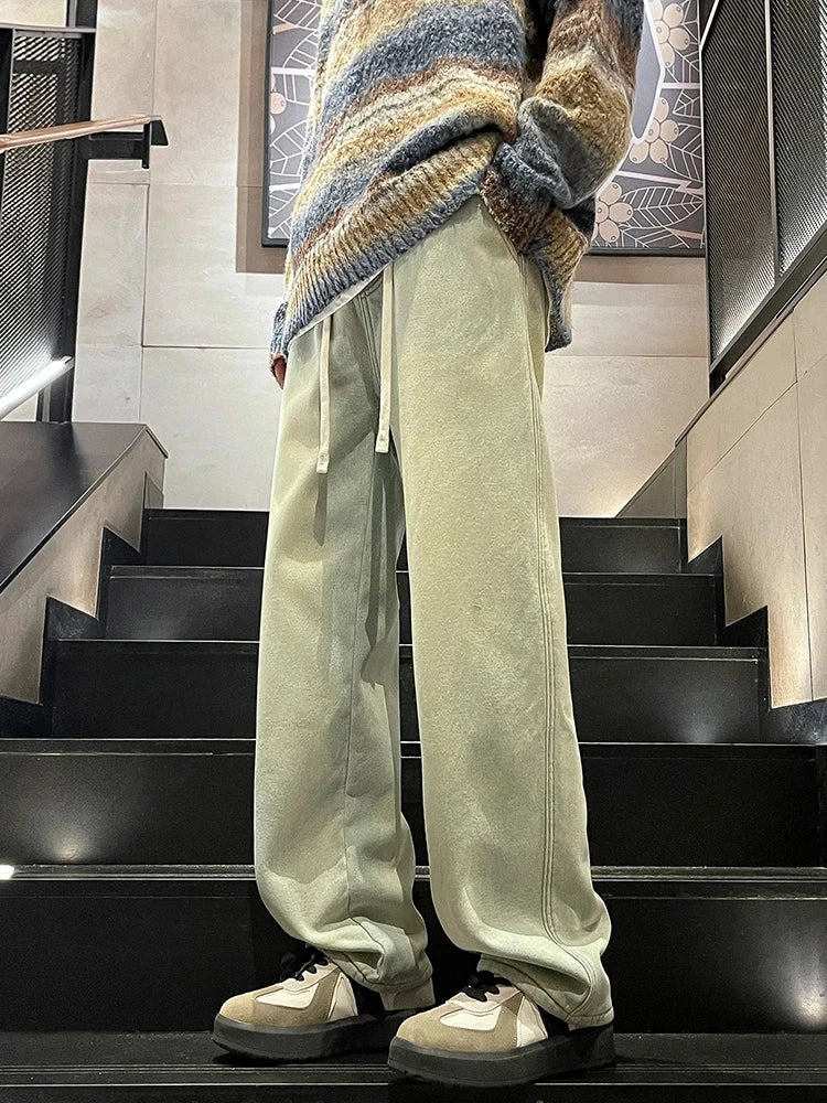 Winter Men's Jeans Korean Fashion Fleece Liner Thick Warm Straight Denim Pants Washed Cotton Retro Blue Wide Leg Jean Trousers - Tasawoq