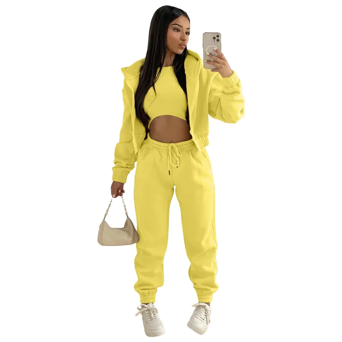 3pcs Women's Clothing Set Fleece-lined Hooded Sweater &Sleeveless Tank Top & Sports Sweatpants Pants - Tasawoq