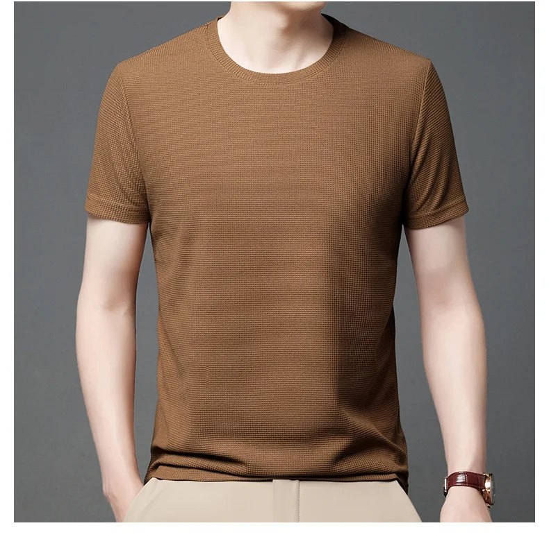 New Summer Waffle Round Neck Short Sleeved T-shirt for Men's Short Sleeved Top - Tasawoq