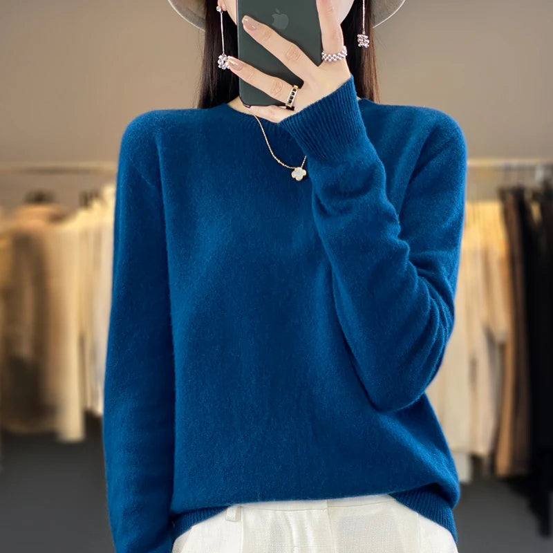 Women's 100% Beautiful Wool Round Neck Top Fashion Versatile Knitted Loose Long Sleeve Pullover Thin Sweater Yuan Ling - Tasawoq