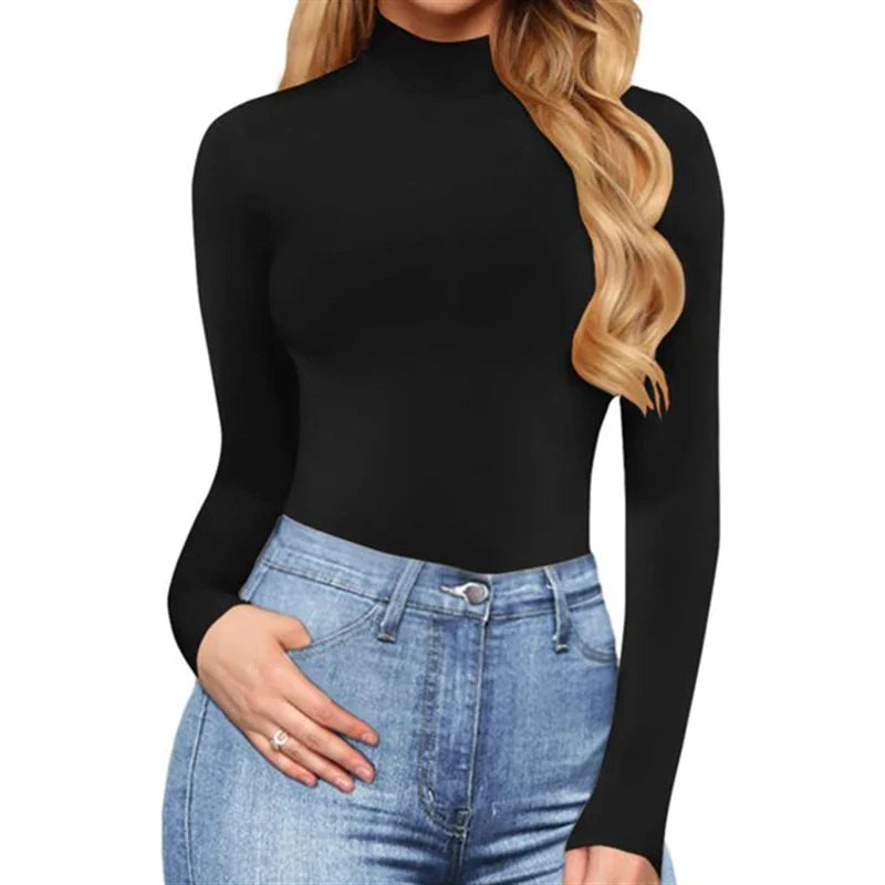 European and American casual women's standing neck solid color bottom top autumn sexy slim fitting long sleeved jumpsuit - Tasawoq