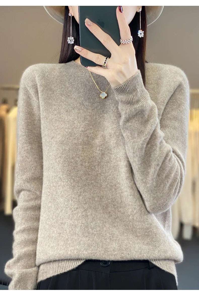Women's 100% Beautiful Wool Round Neck Top Fashion Versatile Knitted Loose Long Sleeve Pullover Thin Sweater Yuan Ling - Tasawoq