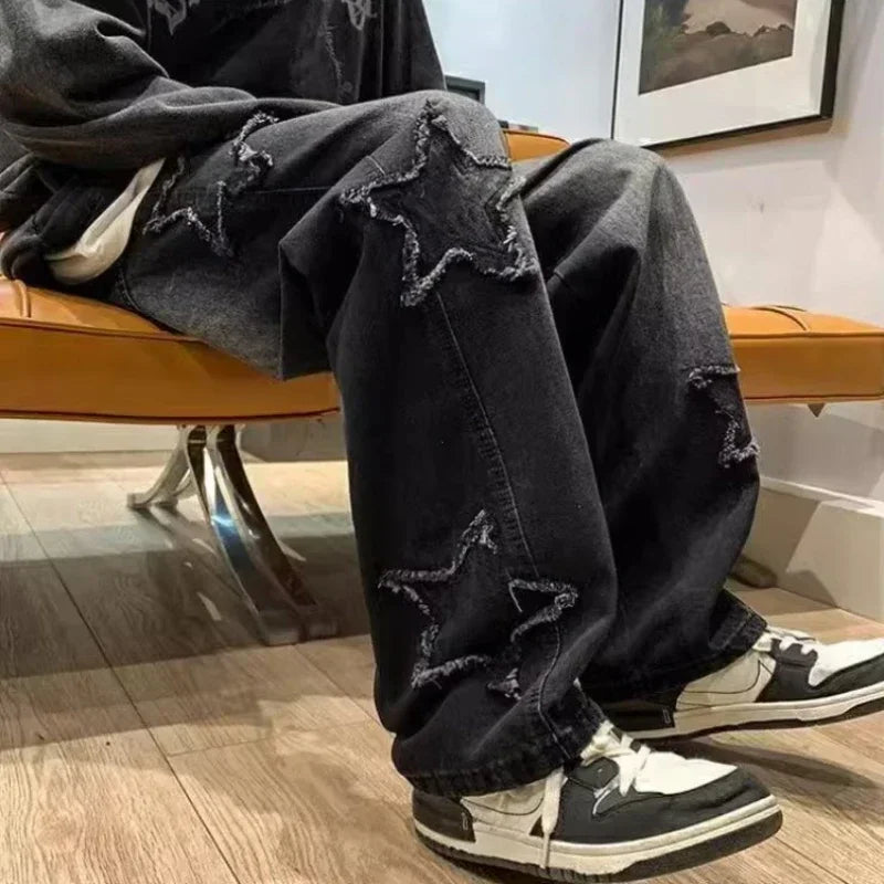 Stars Patchwork Men Jeans New Fashion Y2K Tassel Pants Korea Clothes Straight Hip Hop Splicing Trousers Male Streetwear - Tasawoq