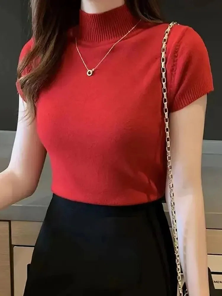 Women's Half-High Neck T-Shirt Fashion Jumper Casual Tops Korean Style Elegant Solid-Coloured Clothing Spring And Summer Season - Tasawoq