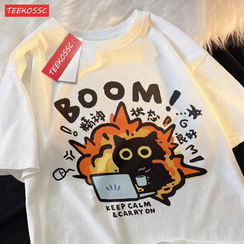 Good Mental State Pure Cotton Short Sleeved t-shirt For Men Women 2024 Summer New Tee Clothes Loose Casual Cartoon Oversized Top - Tasawoq