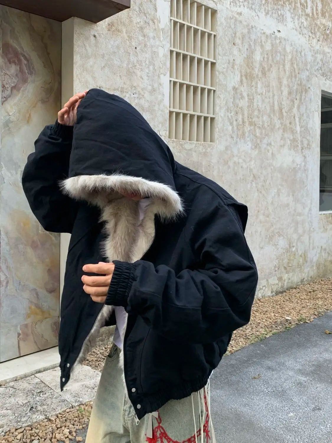 American Retro Woolen Collar Hooded Cotton Jacket Winter Thick Plush Top Men Street Hip-Hop Gothic Harajuku Oversize Jacket Coat - Tasawoq