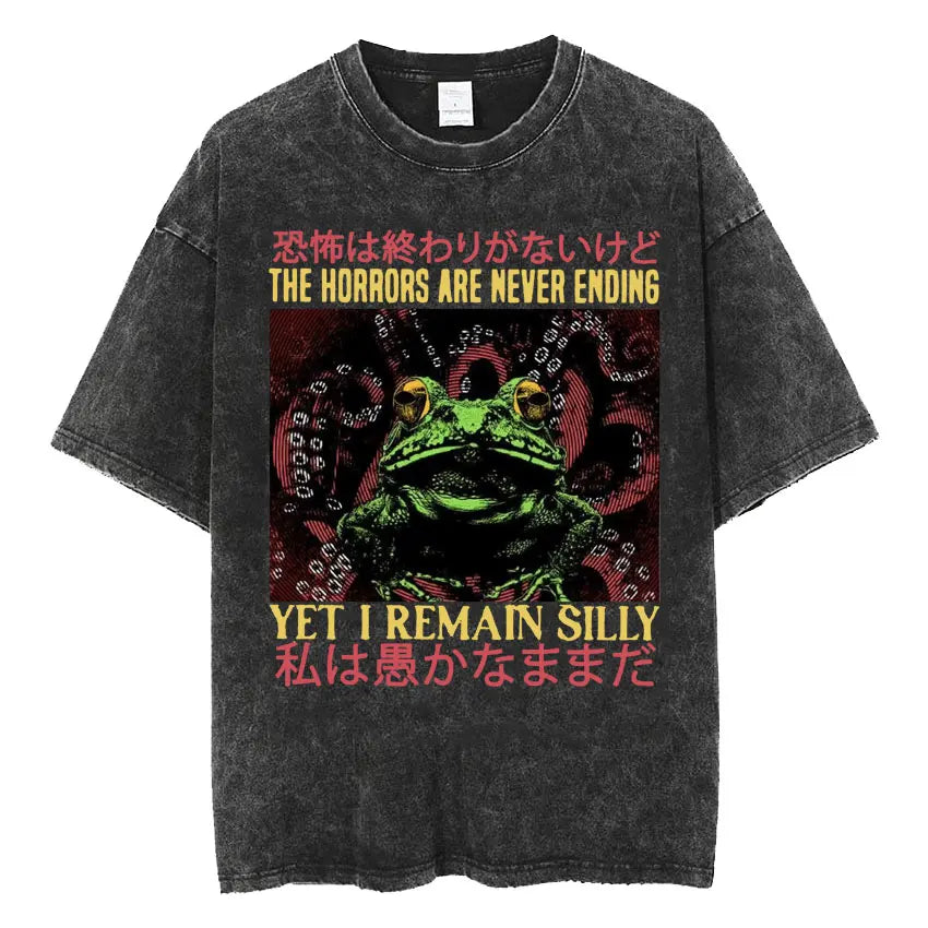 The Horrors Are Never Ending Yet I Remain Silly T-shirt Funny Japanese Style Frog Retro Washed T Shirt Men's Oversized Tees Tops - Tasawoq